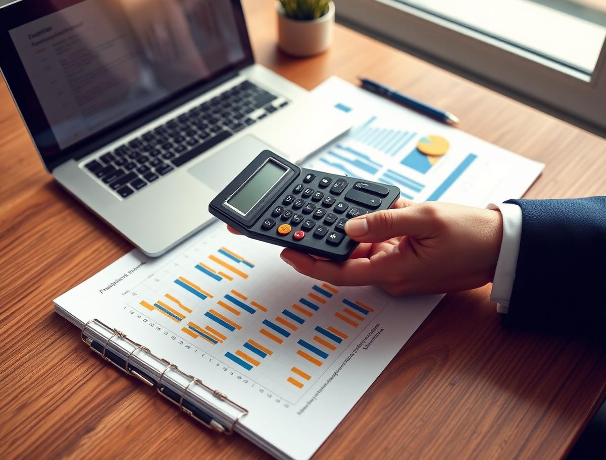 Accountant reviewing financial reports with a calculator and laptop