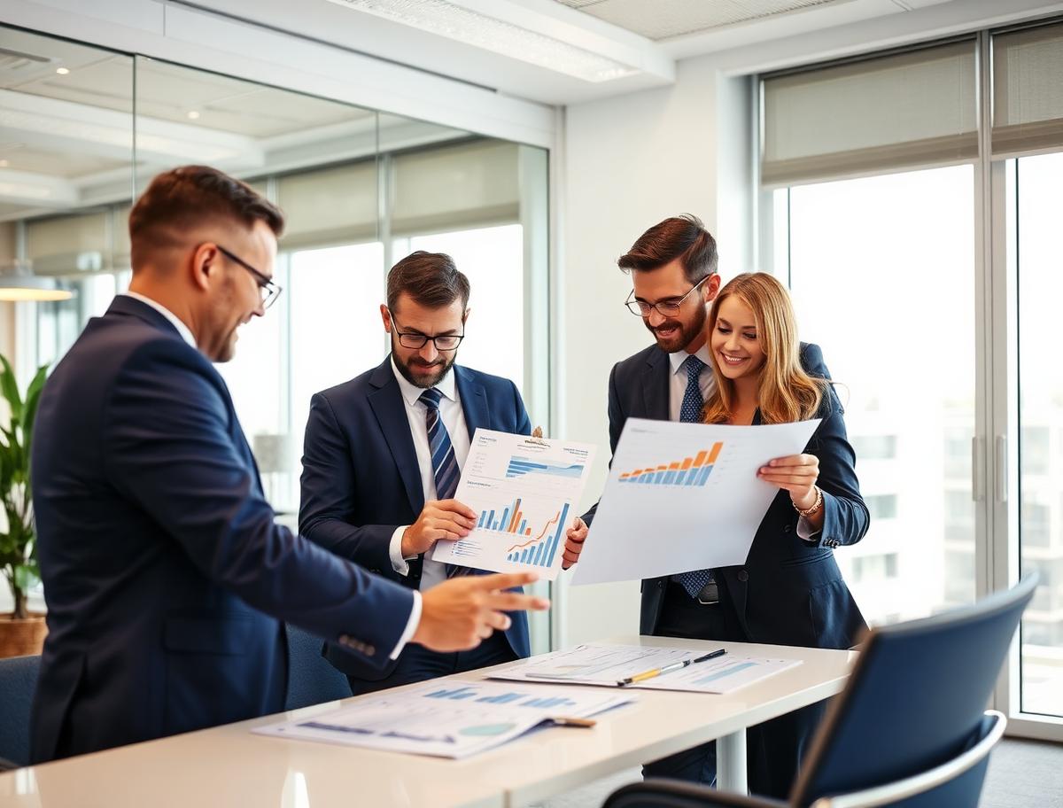 Business team reviewing financial statements together in an office